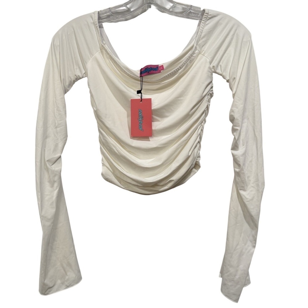 Edikted Womens Ruched Long Sleeve Crop Top Off Shoulder White Sz XS Style S12594